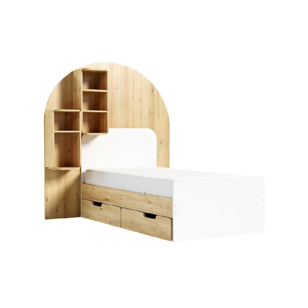 **Título Técnico: Cama com Estrutura de Madeira e Prateleiras Integradas**